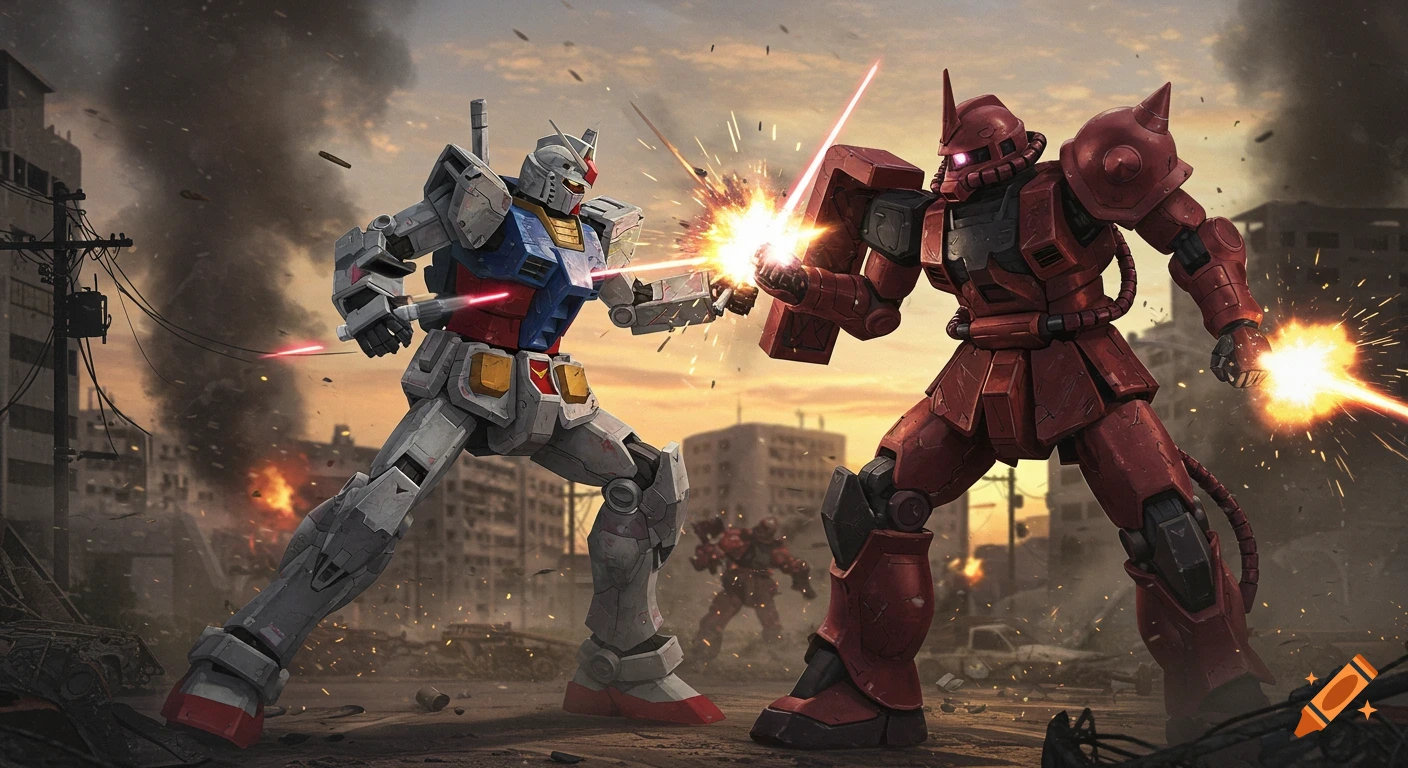 Photorealistic scene of a white and blue Gundam-style mech fighting a red Zaku-style mech in a destroyed city at sunset.