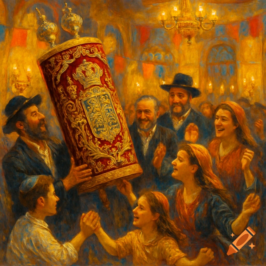 A vibrant, painterly scene of people celebrating with a large, ornate Torah scroll, surrounded by warm golden light.