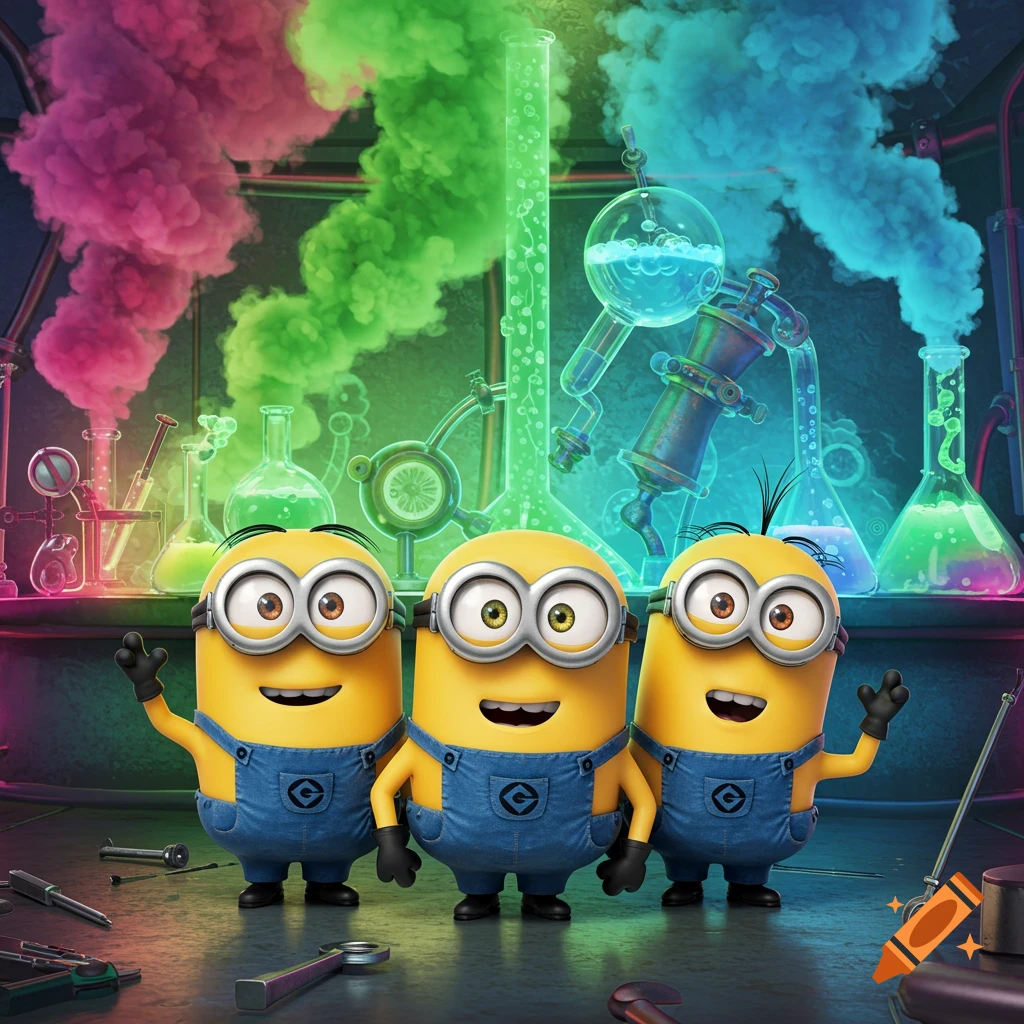 Three Minions in blue overalls smile and wave in a vibrant science lab with glowing colorful beakers and smoke.