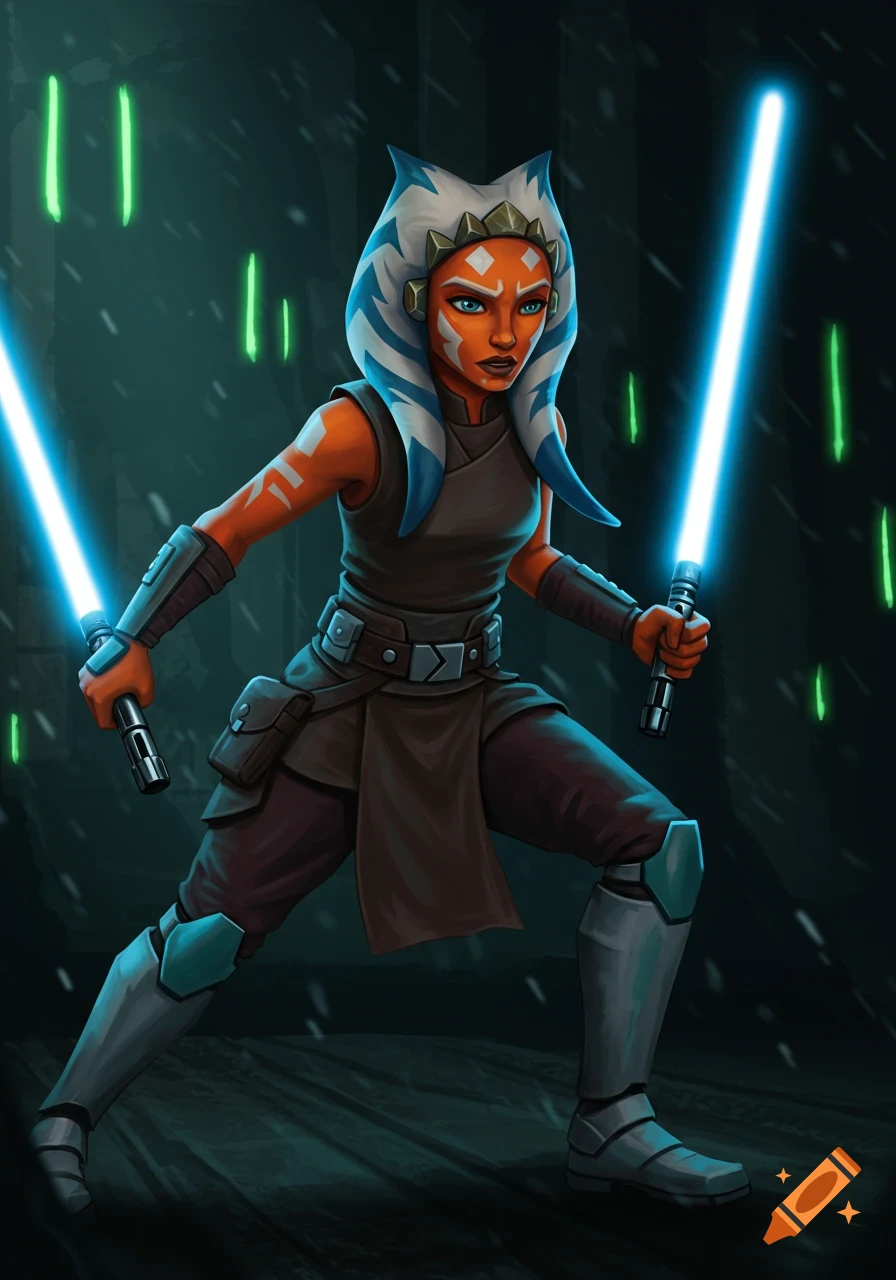 Ahsoka Tano from Star Wars, holding two glowing blue lightsabers in a dynamic pose against a dark, snowy background with green streaks.