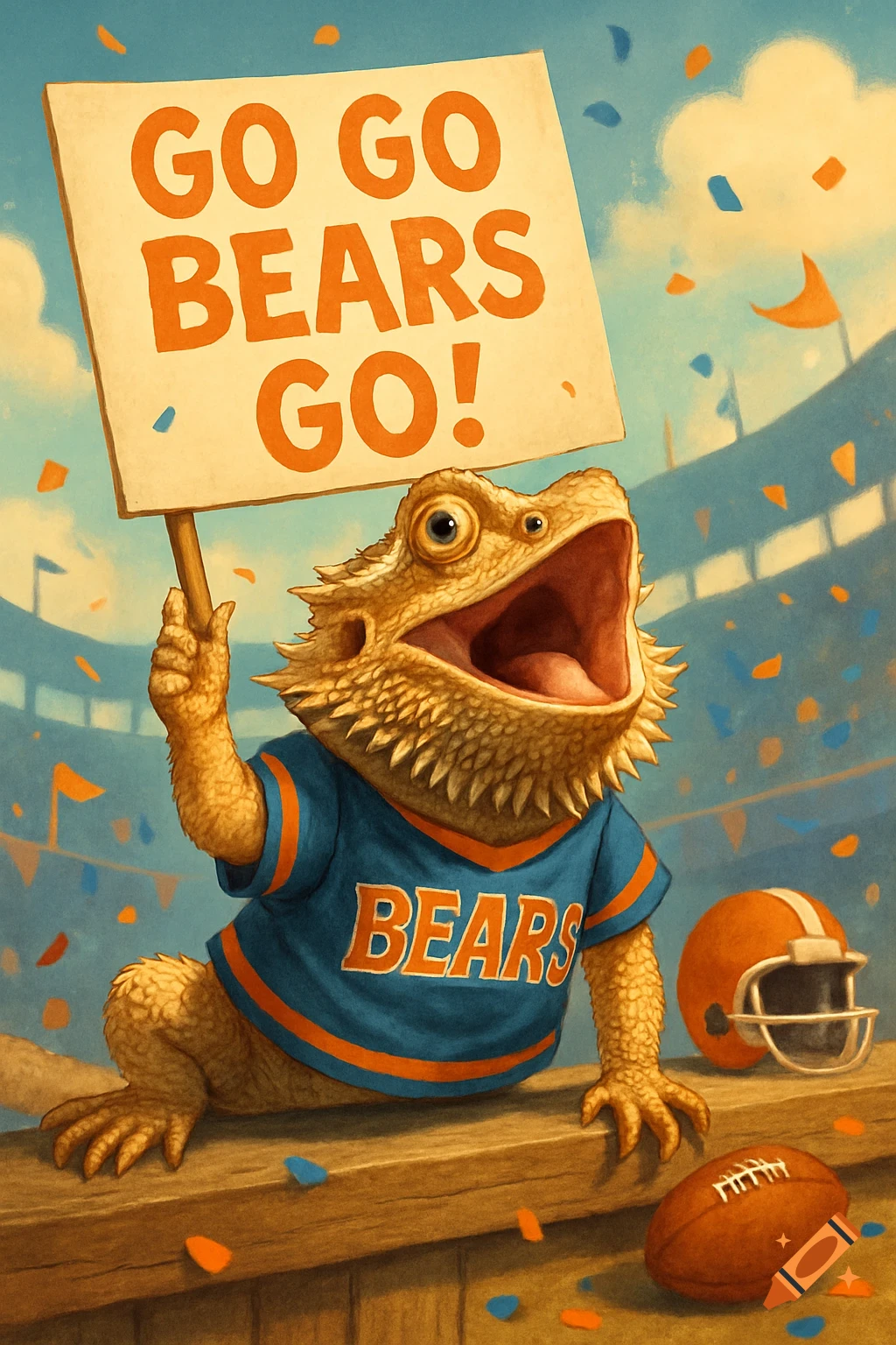 Illustrated bearded dragon in a football jersey holding a 'GO GO BEARS GO!' sign, with a football and helmet in a stadium.