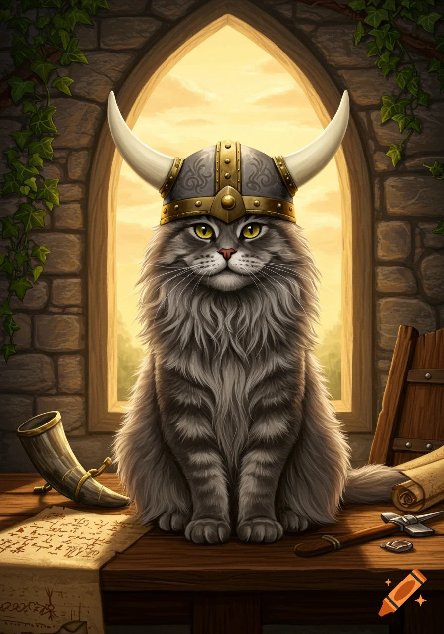 A fluffy grey Maine Coon cat wearing a Viking helmet sits on a wooden table in front of a stone archway, digital art.