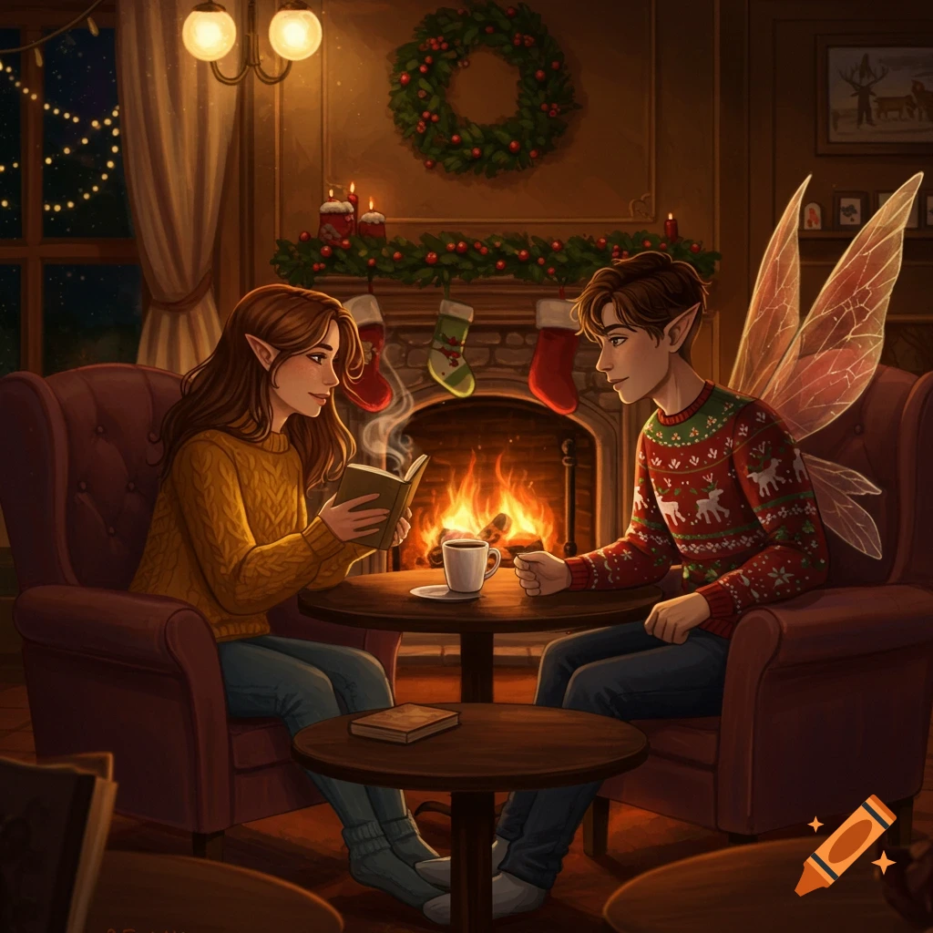 Digital illustration of an elf woman reading and a winged fae man in a Christmas sweater by a fireplace in a cozy room.