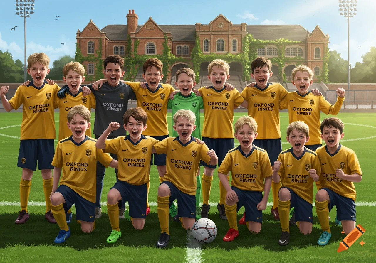 A group of young boys in yellow and blue football kits pose for a team picture on a green field in front of a large brick building.