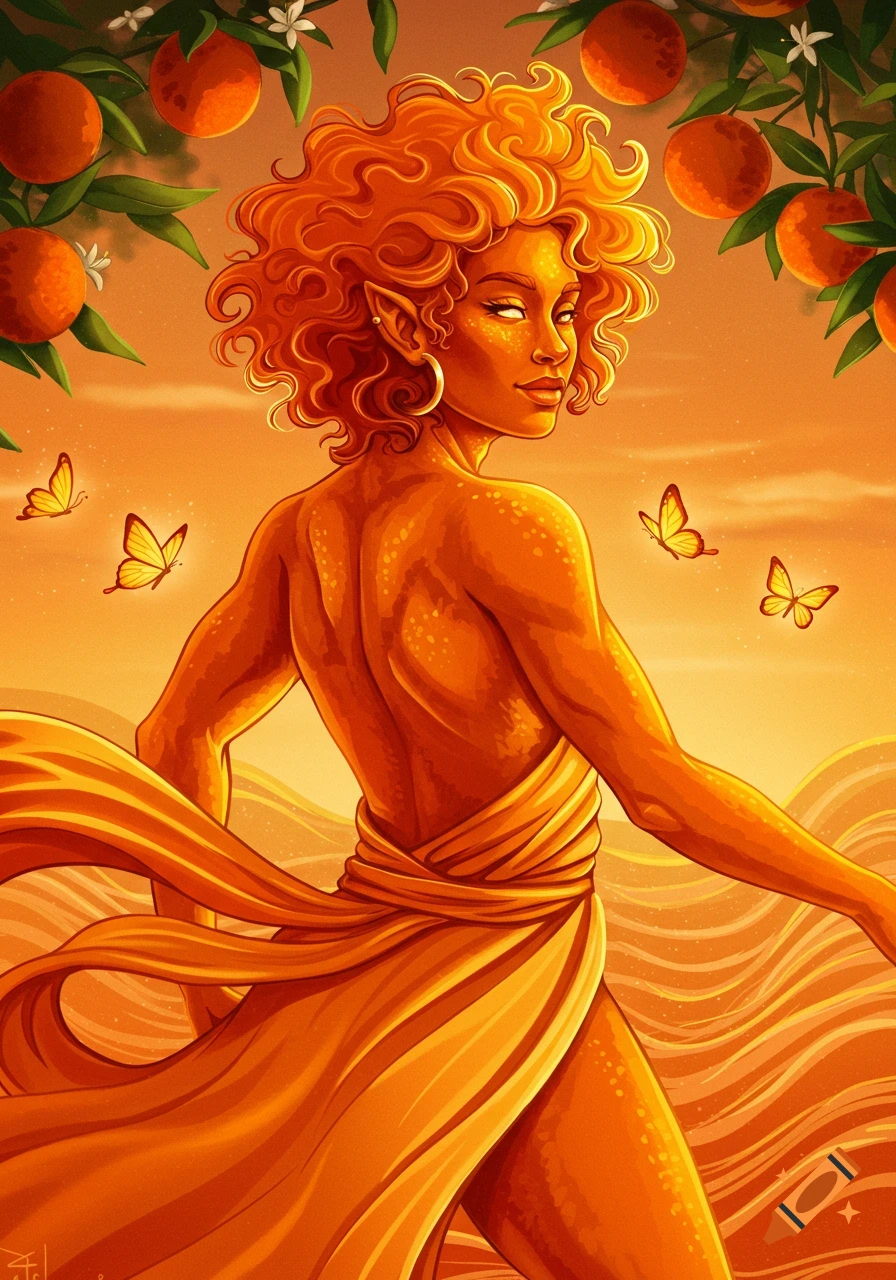 A stylized orange-skinned woman with curly orange hair stands in flowing orange drapery, surrounded by oranges and butterflies.