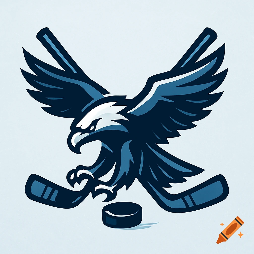 A blue and white eagle with spread wings holding two hockey sticks and a puck, designed as a sports logo.