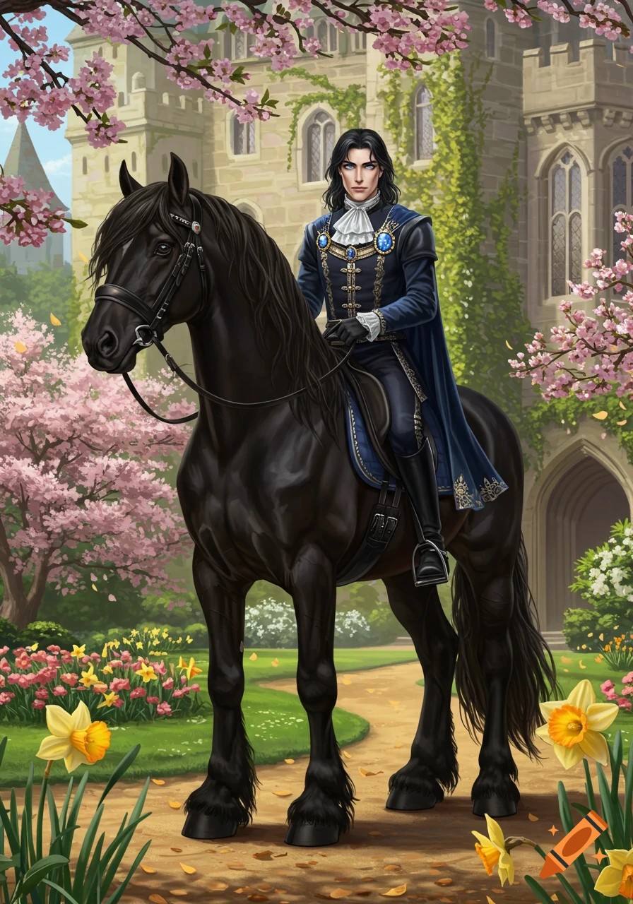 A handsome duke in blue velvet and a cape rides a black Friesian horse through a spring garden with cherry blossoms and a castle in the background.
