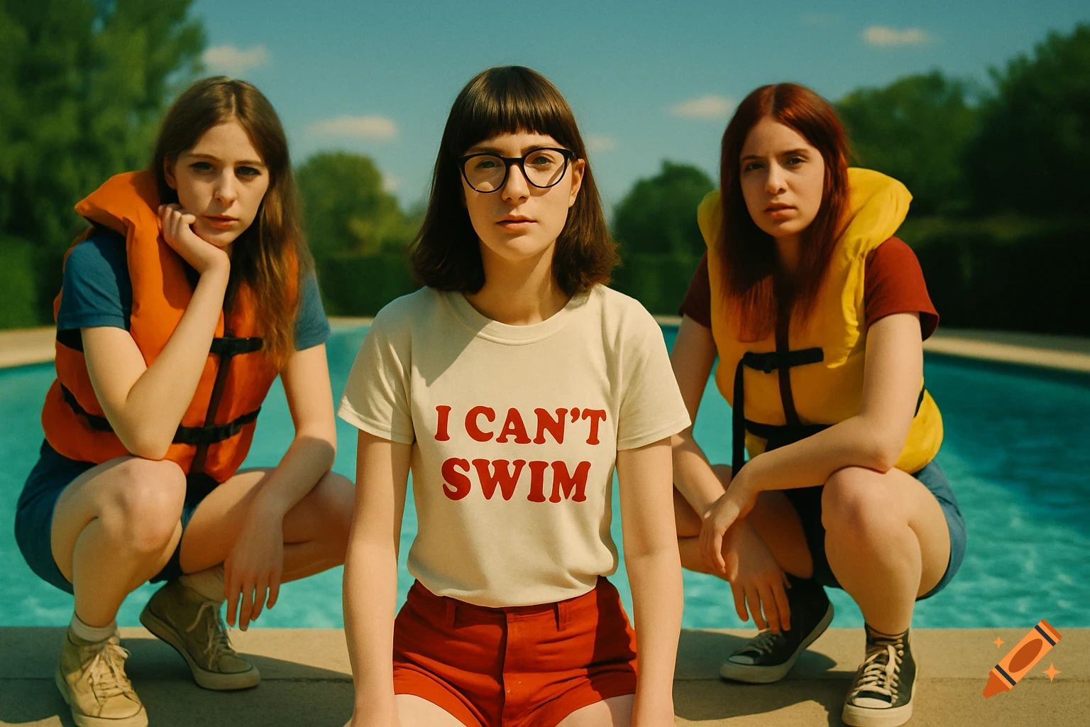 A hipster indie rock trio poses by a pool; the frontwoman wears an 'I CAN'T SWIM' shirt, flanked by two others in lifejackets, in a Wes Anderson style.