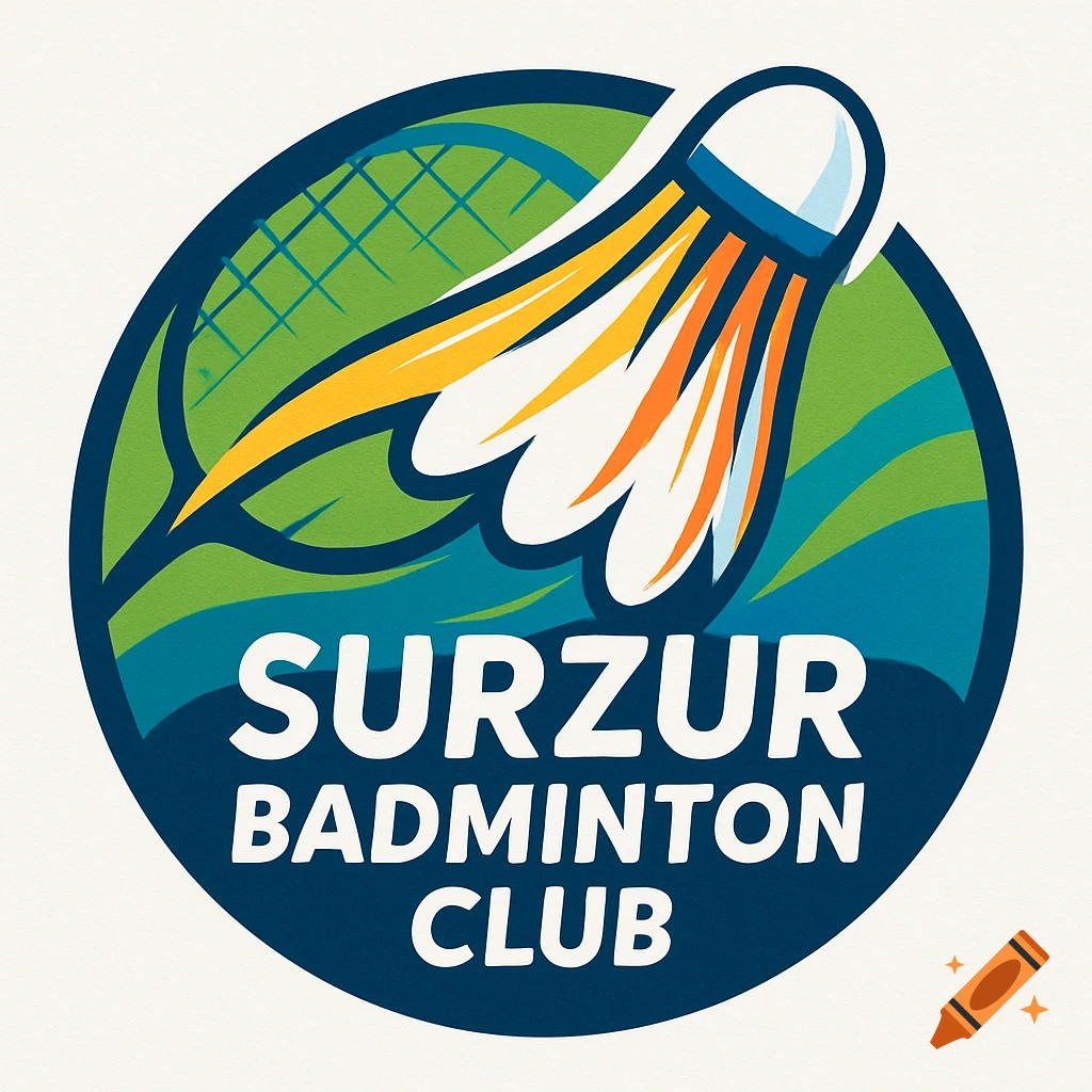 A circular logo for SURZUR Badminton Club featuring a stylized shuttlecock and a badminton racket on a green and blue background.