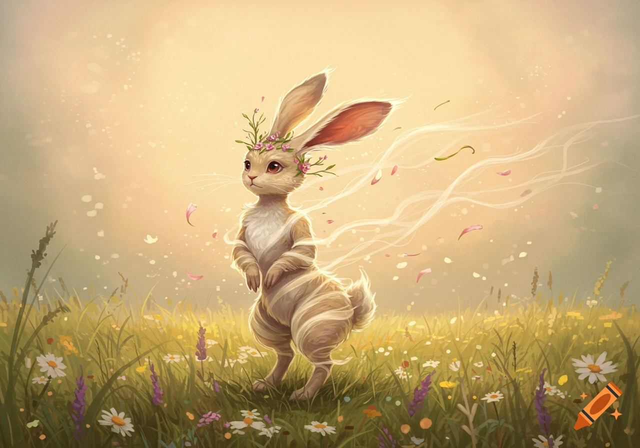 A whimsical rabbit-like creature with a wispy, winding body, wearing a floral crown, stands in a sunny wildflower meadow with floating petals.