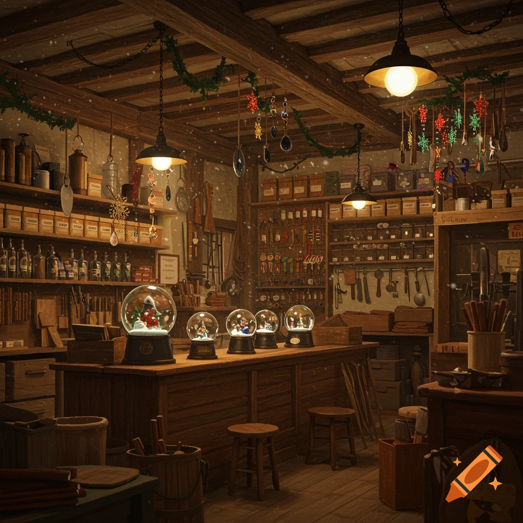 A cozy, warmly lit snowglobe making workshop filled with tools, parts, shelves of bottles, and decorative snowglobes on a wooden counter, with fake snow falling.
