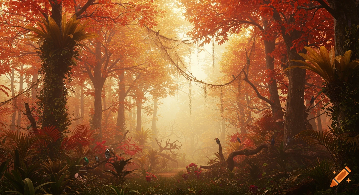 A vibrant, misty tropical forest with red and gold autumn foliage, hanging vines, and small birds, in a hyper-realistic style.