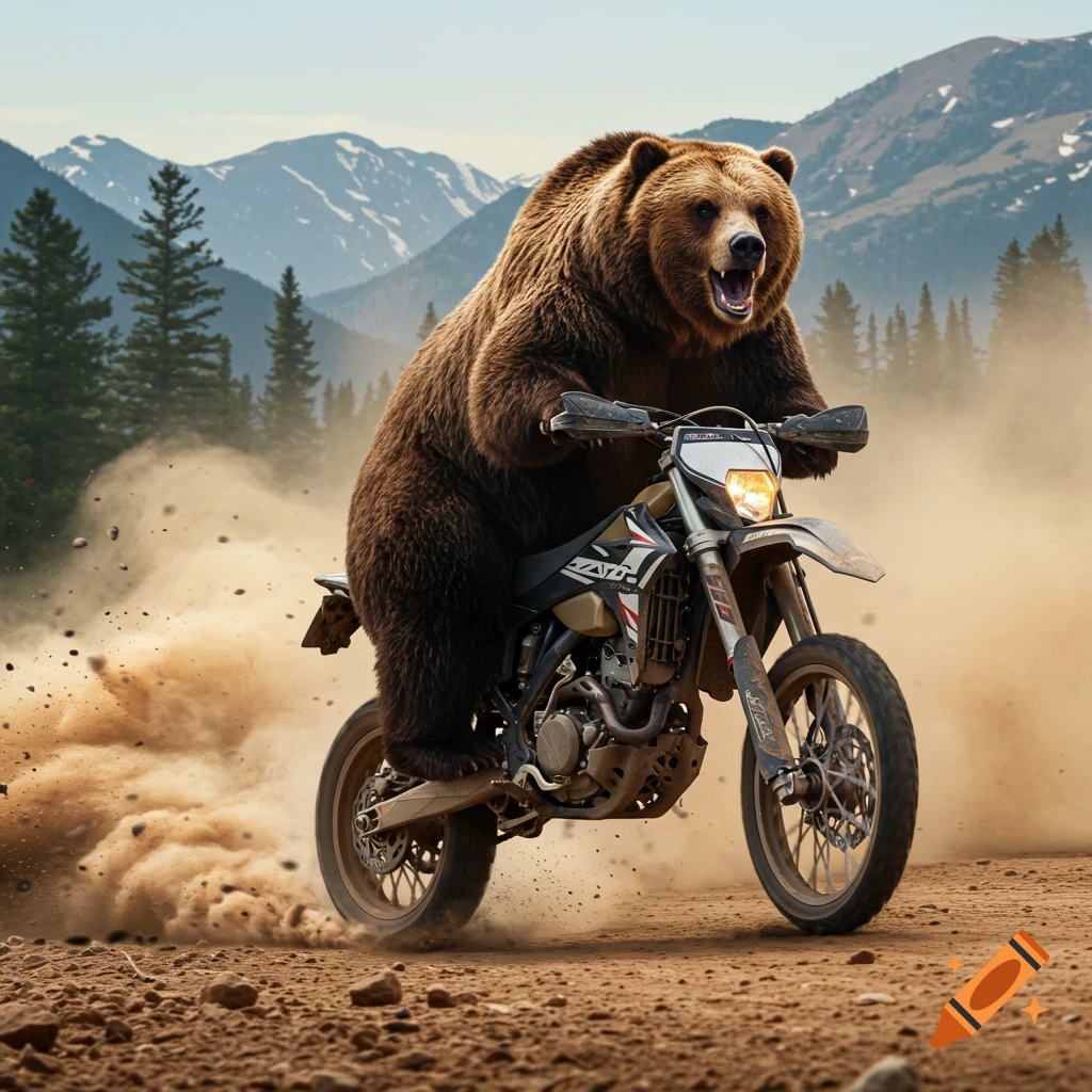 A large grizzly bear intensely rides a dirt bike, kicking up dust on a mountain trail, with pine trees and snow-capped peaks in the background.