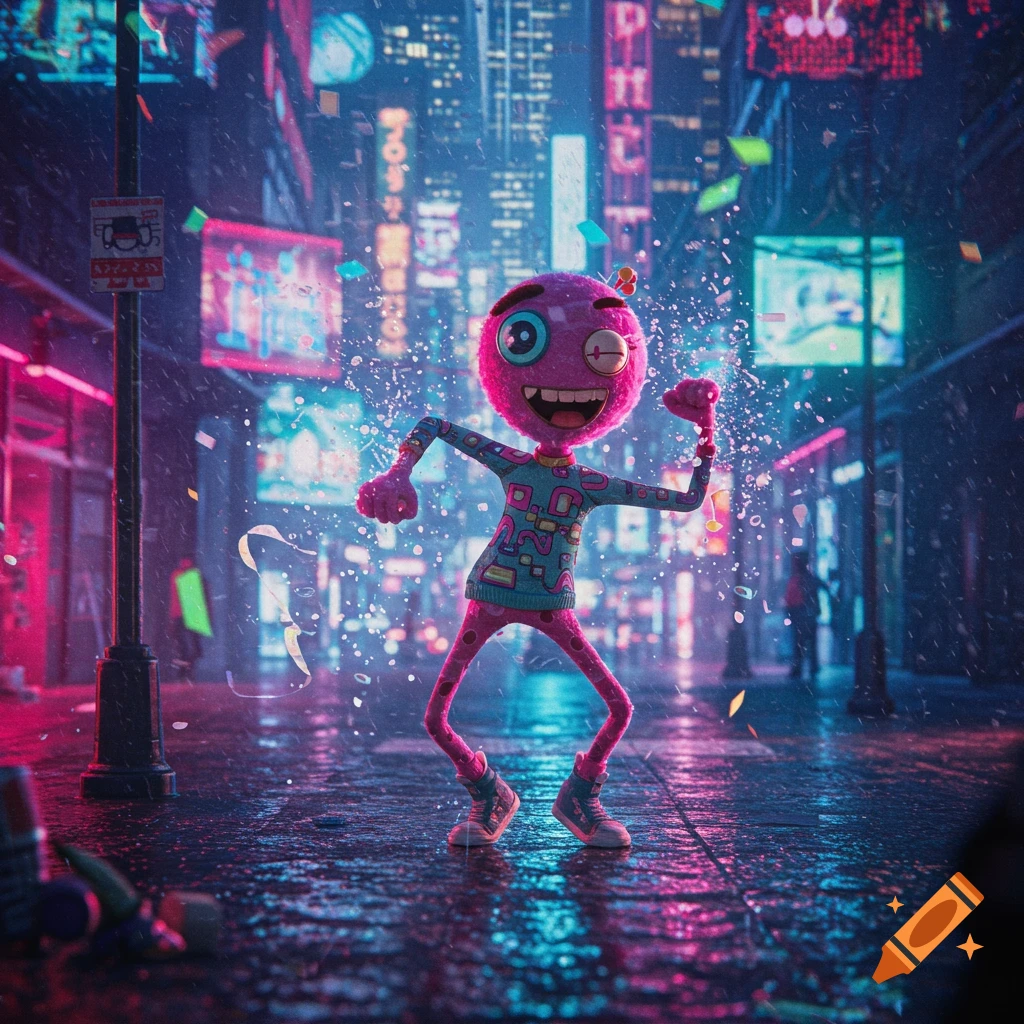 A happy pink cartoon creature dances on a wet, neon-lit cyberpunk city street with confetti falling, digital art.
