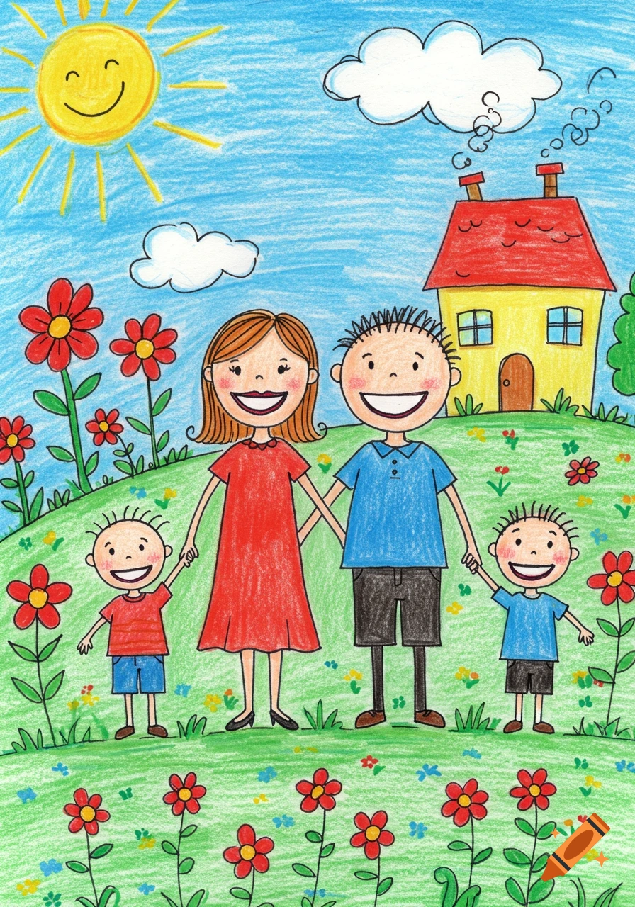 A child's crayon drawing of a smiling family holding hands in a field of flowers with a house and sun.