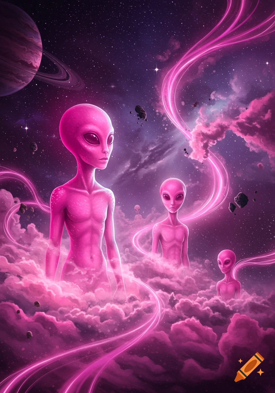 Pink humanoid aliens emerge from magenta cosmic clouds in a starry purple space, with planets in the background.