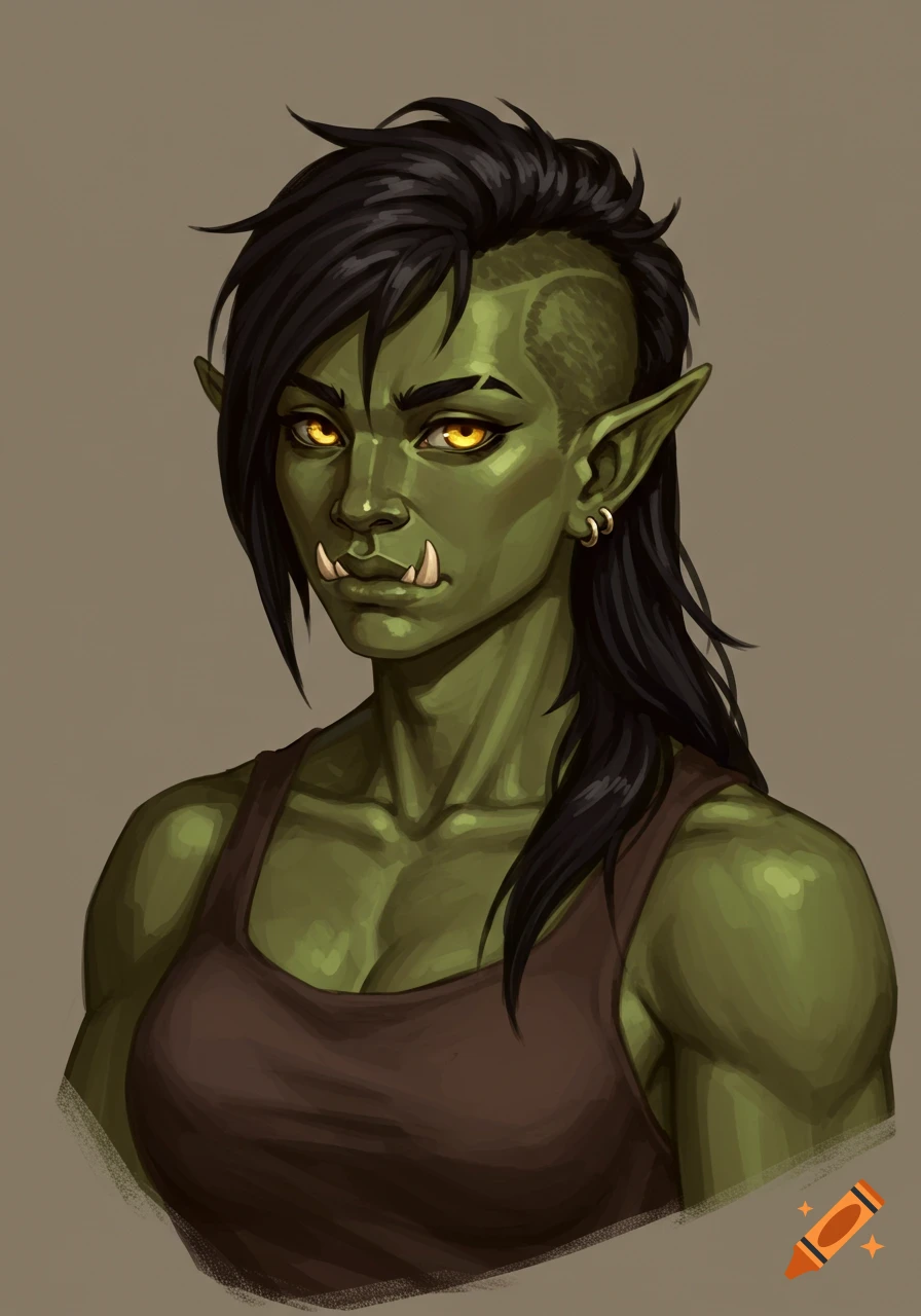 A semi-realistic painterly portrait of a green-skinned female orc with a shaved-side mullet, glowing yellow eyes, and tusks, wearing a brown tank top.