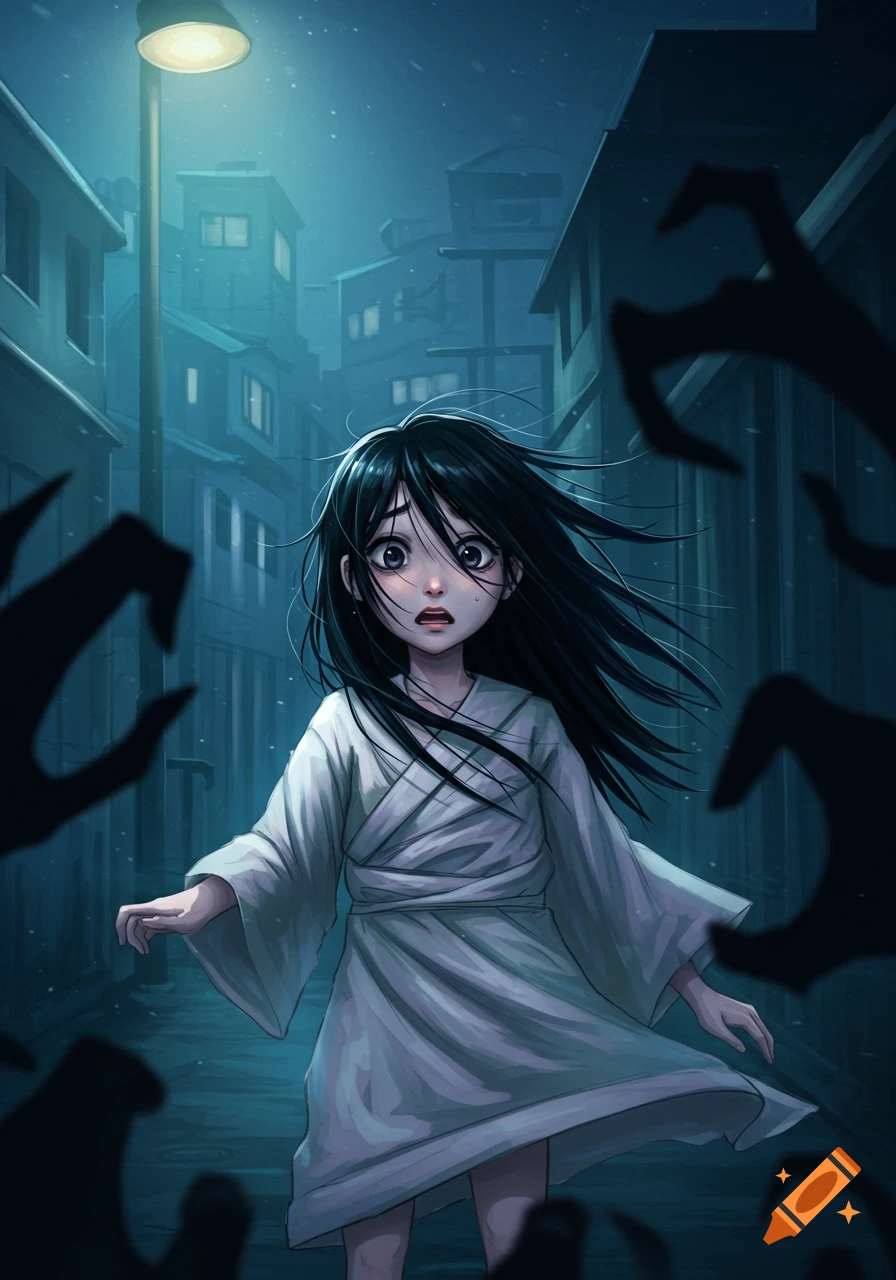 A terrified anime girl with long black hair, wearing a white robe, stands in a dark alley under a streetlamp as shadowy monster hands reach for her.