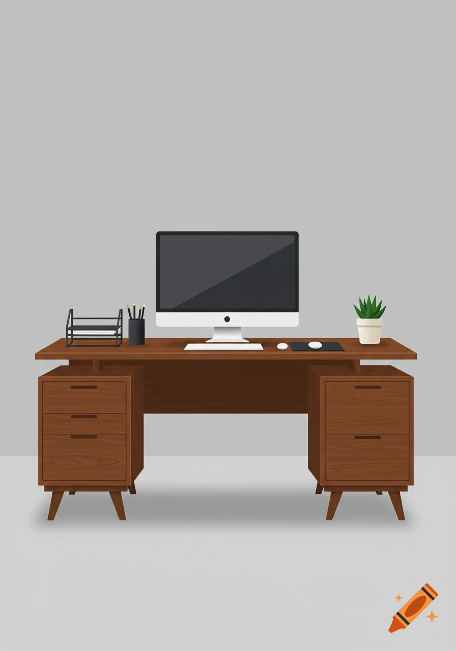 A flat illustration of a modern wooden office desk with a computer, keyboard, mouse, pen holder, paper tray, and a potted plant.