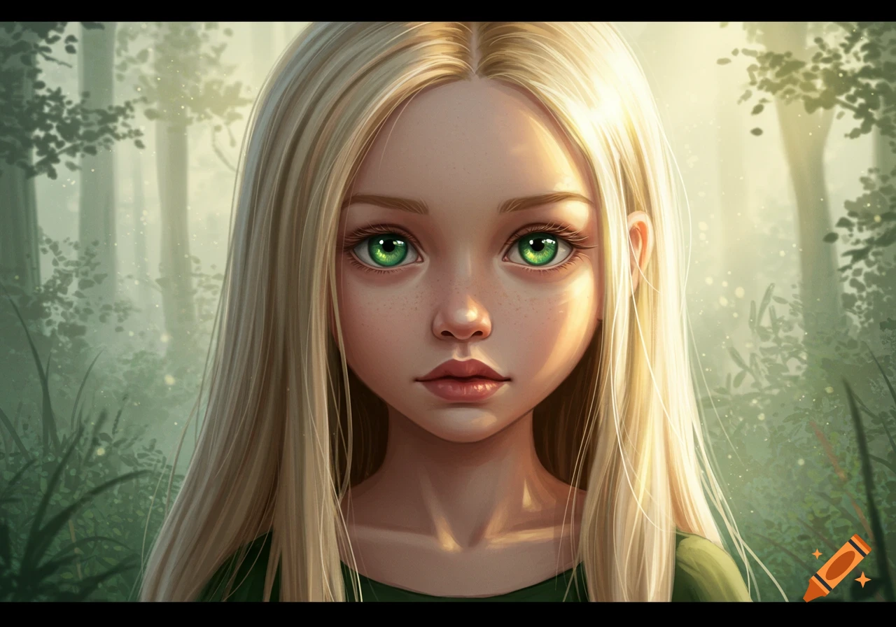 Close-up digital art portrait of a young girl with long blonde hair and large green eyes in a soft forest setting.