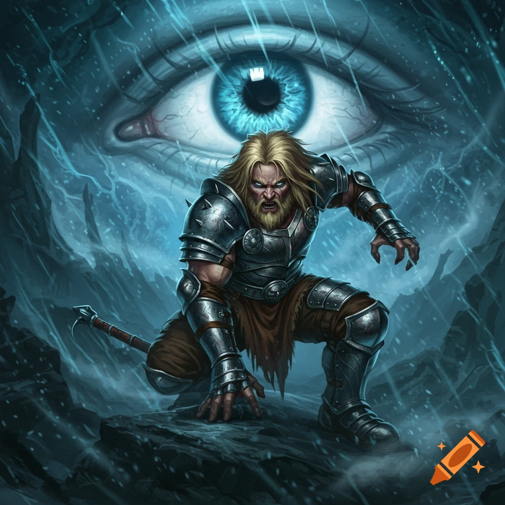 Fierce blonde barbarian in armor crouches in an icy landscape under a looming blue eye. Digital art.