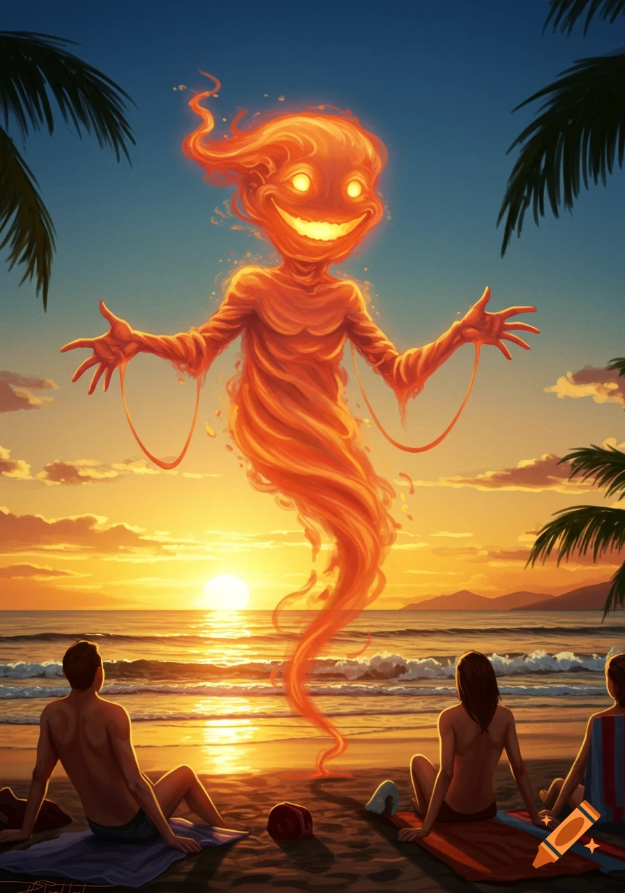 A glowing orange sunburn spirit with a wide grin floats above a beach at sunset, observed by people sitting on towels.