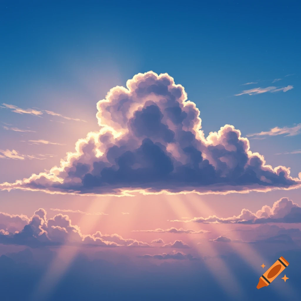 Dramatic anime-style illustration of a large cloud illuminated by golden sun rays in a blue and pink sky.