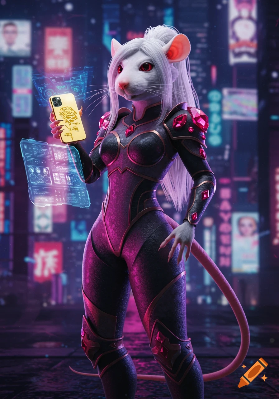 A white-furred bipedal rat in black and pink armor stands in a neon futuristic city, holding a smartphone with a rose case and a holographic screen.
