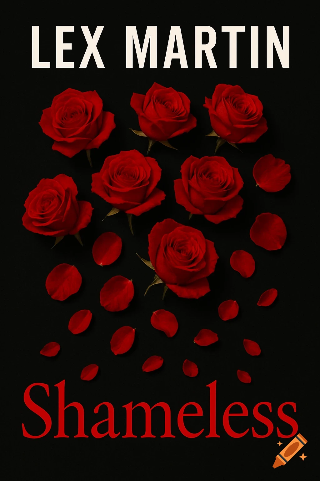 A black book cover with "LEX MARTIN" in white at the top, red roses and petals in the middle, and "Shameless" in red at the bottom.
