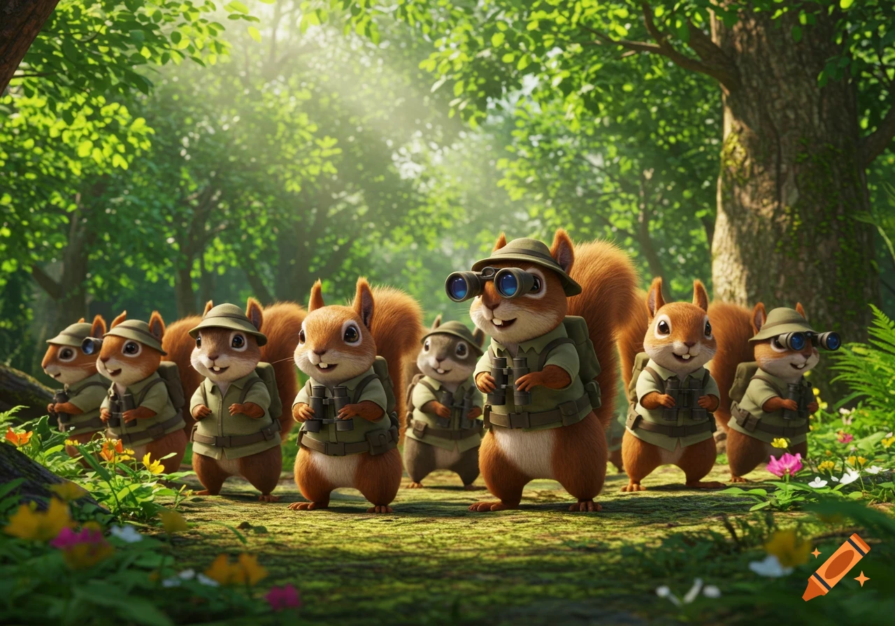 Whimsical squirrels in tactical outfits and backpacks with binoculars, standing in a bright, detailed forest, cinematic illustration.