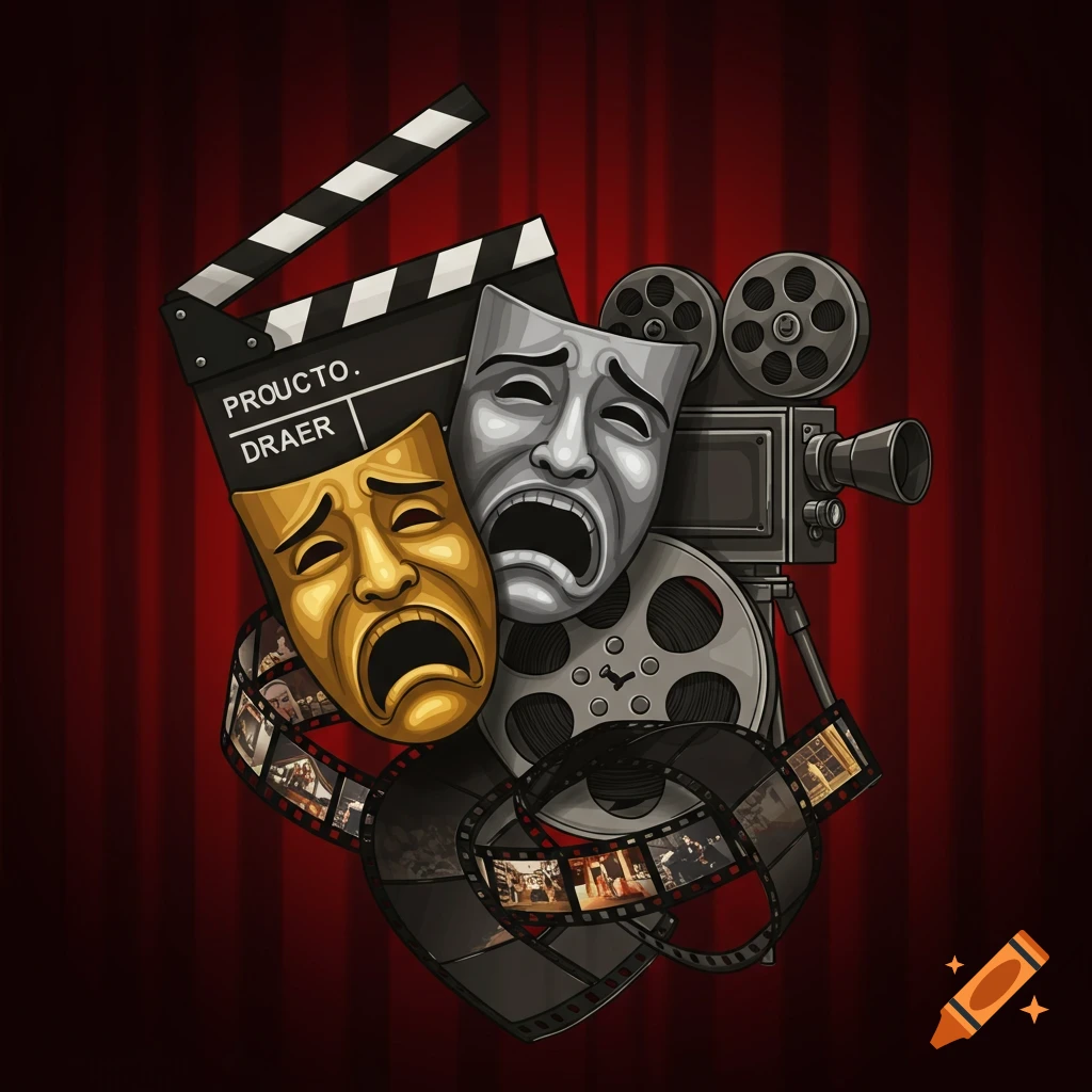 An illustration of a golden tragedy mask and a silver comedy mask with a film clapperboard, camera, and reels against a red curtain.