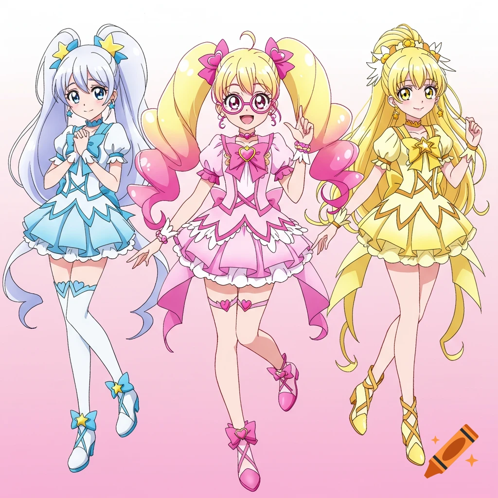 Three anime magical girls, left in blue, middle in pink with glasses, right in yellow, posing in frilly dresses on a pink background.