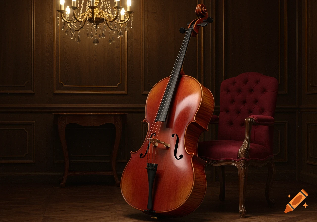 A vintage cello stands in a dimly lit, richly decorated room with wood paneling, a chandelier, and a velvet armchair.
