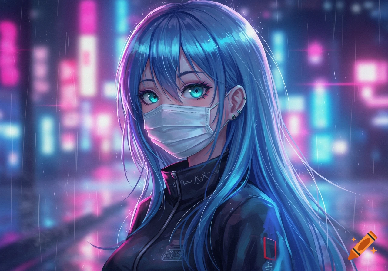Anime girl with glowing blue hair and eyes, wearing a white surgical mask, stands in a neon-lit cyber-urban setting.