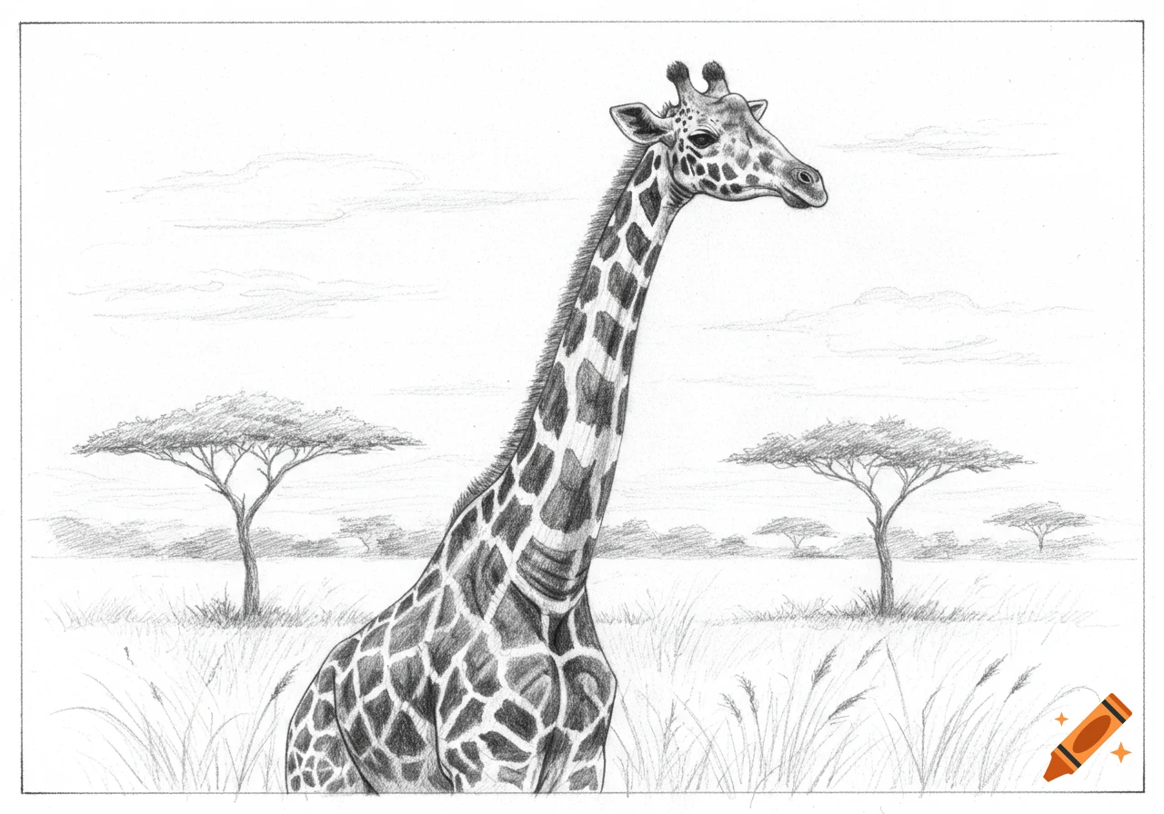 A detailed pencil sketch of a giraffe standing in a savanna landscape with acacia trees and tall grass.