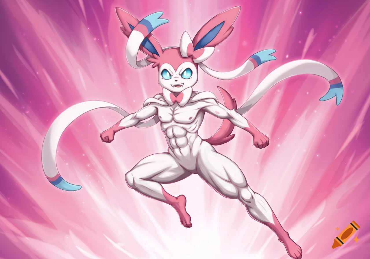 Muscular anthropomorphic Sylveon leaps mid-air with a pink glow in an anime style.