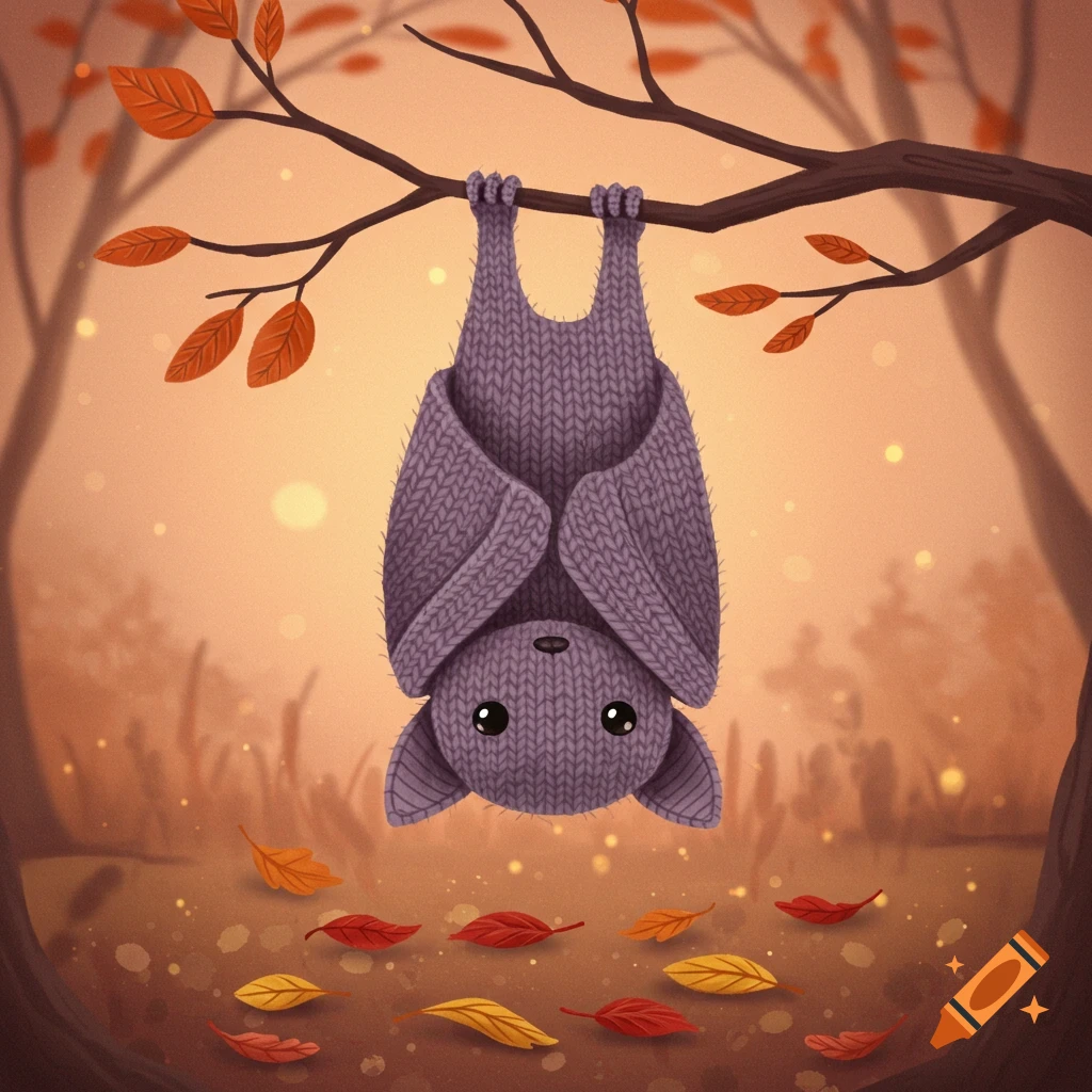 A cute purple knitted bat hangs from a tree branch with autumn leaves. Fallen red, orange, and yellow leaves on the ground. Digital art.