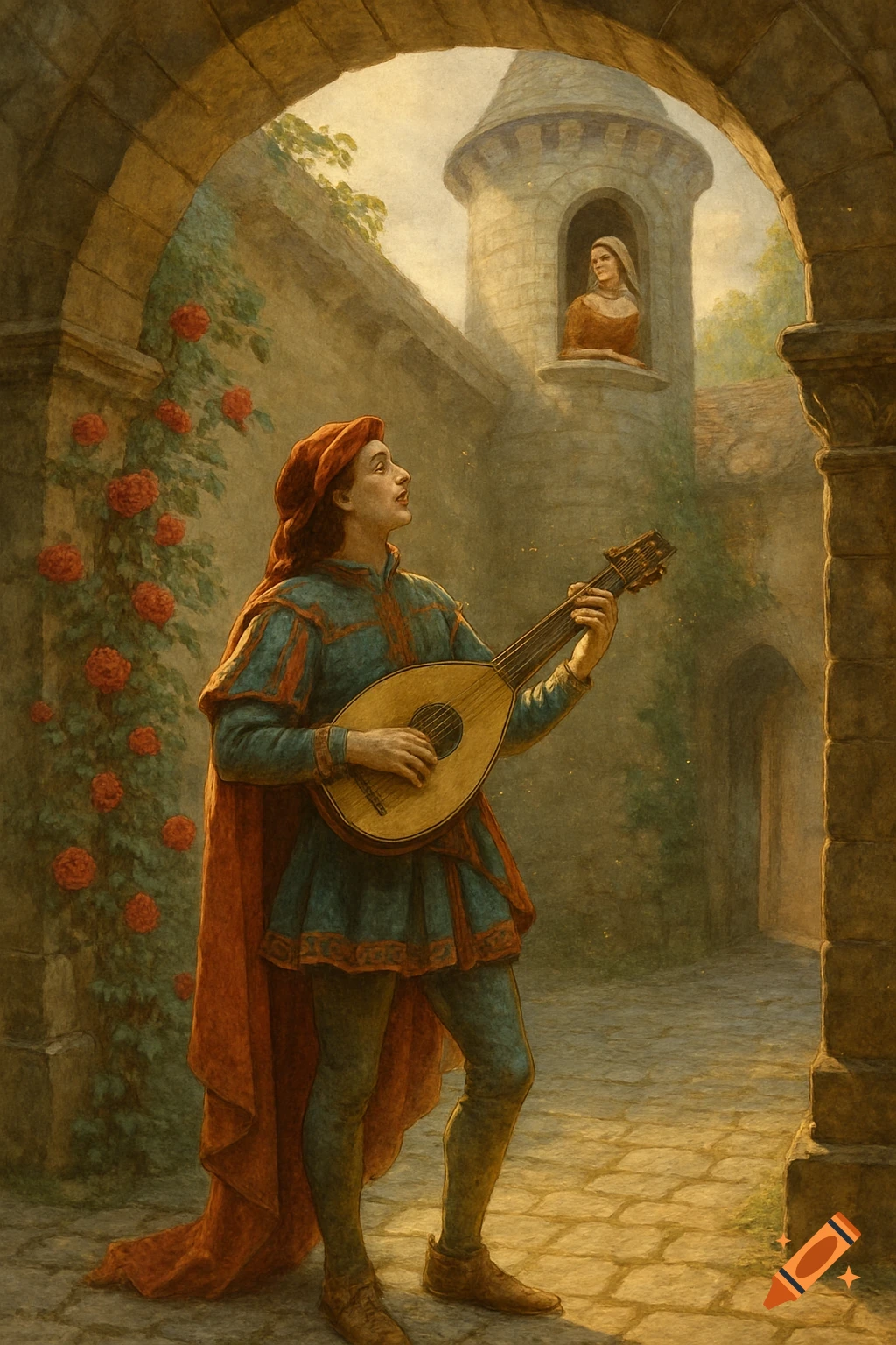 A man in medieval attire plays a lute under an archway, looking up at a woman in a castle tower window, in a painting style.