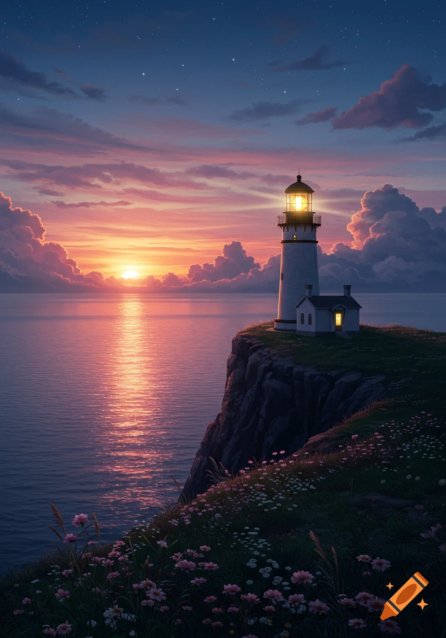 Illustrated lighthouse on a cliff overlooking the ocean at sunset with a sky full of pink and orange clouds and flowers in the foreground.