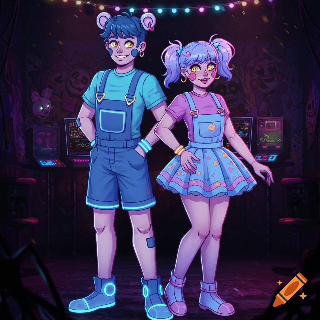 An anime-style male and female twin with glowing yellow eyes and bear ears, wearing overalls, stand in a dark, neon-lit room with monitors and creepy wall art.