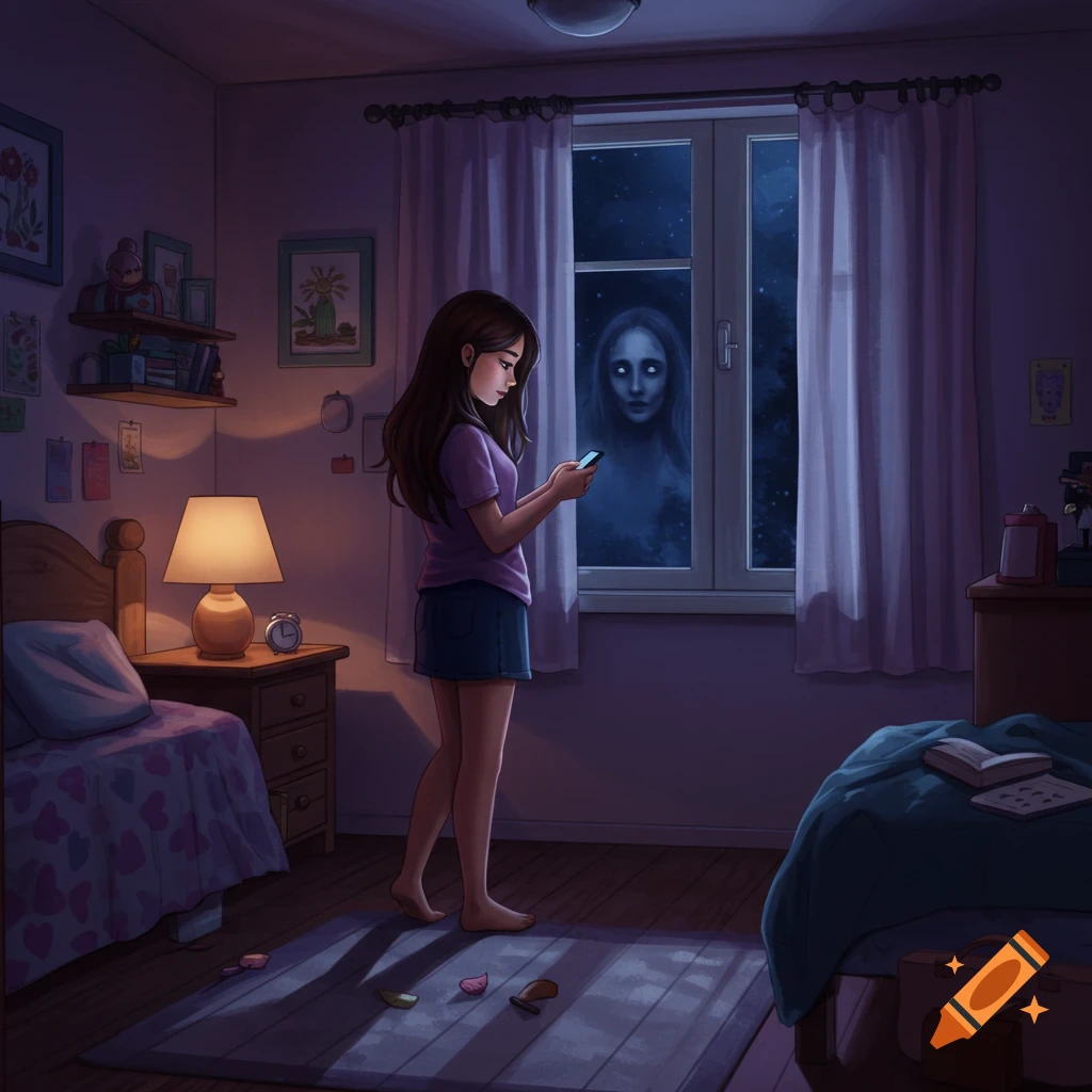 An illustrated scene of a girl looking at her phone in a dimly lit bedroom at night, while a ghostly face stares in through the window.