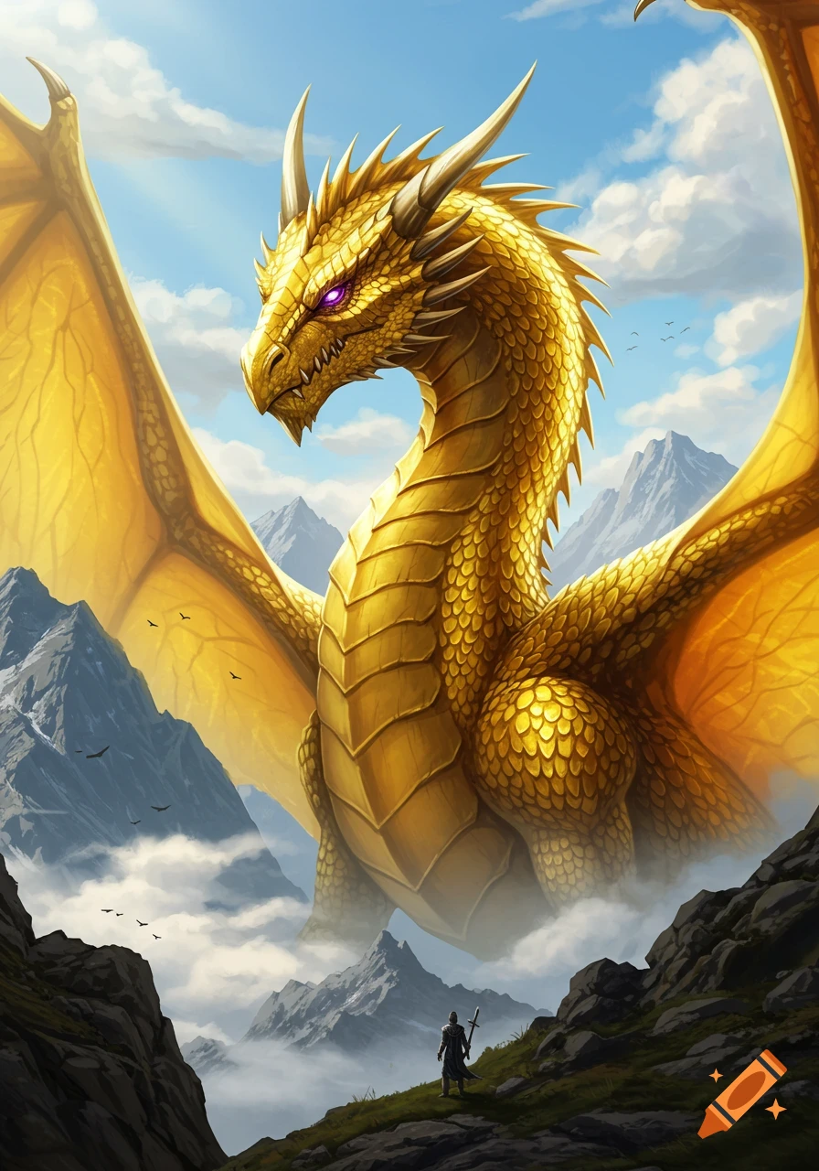 A giant golden dragon with glowing purple eyes looms over a lone figure in a cloudy mountain range, epic fantasy art.