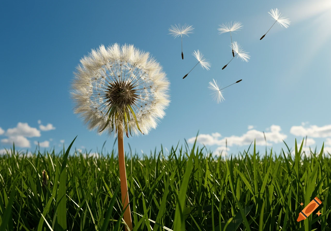 A photorealistic dandelion seed head stands tall in green grass against a clear blue sky, with seeds blowing away.