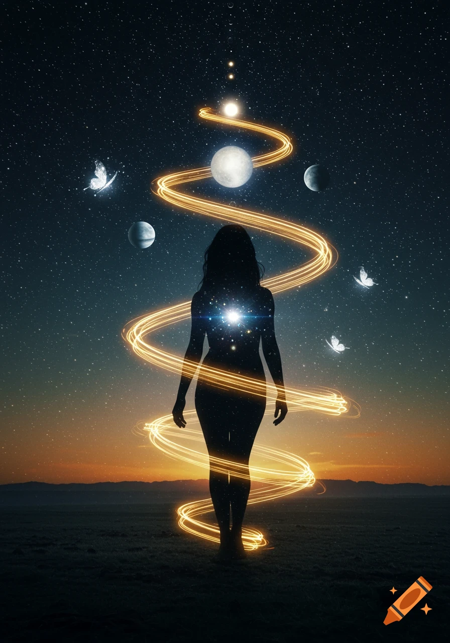 A person's silhouette stands on a landscape under a starry sky with a sunset, surrounded by glowing golden light trails, planets, and butterflies.