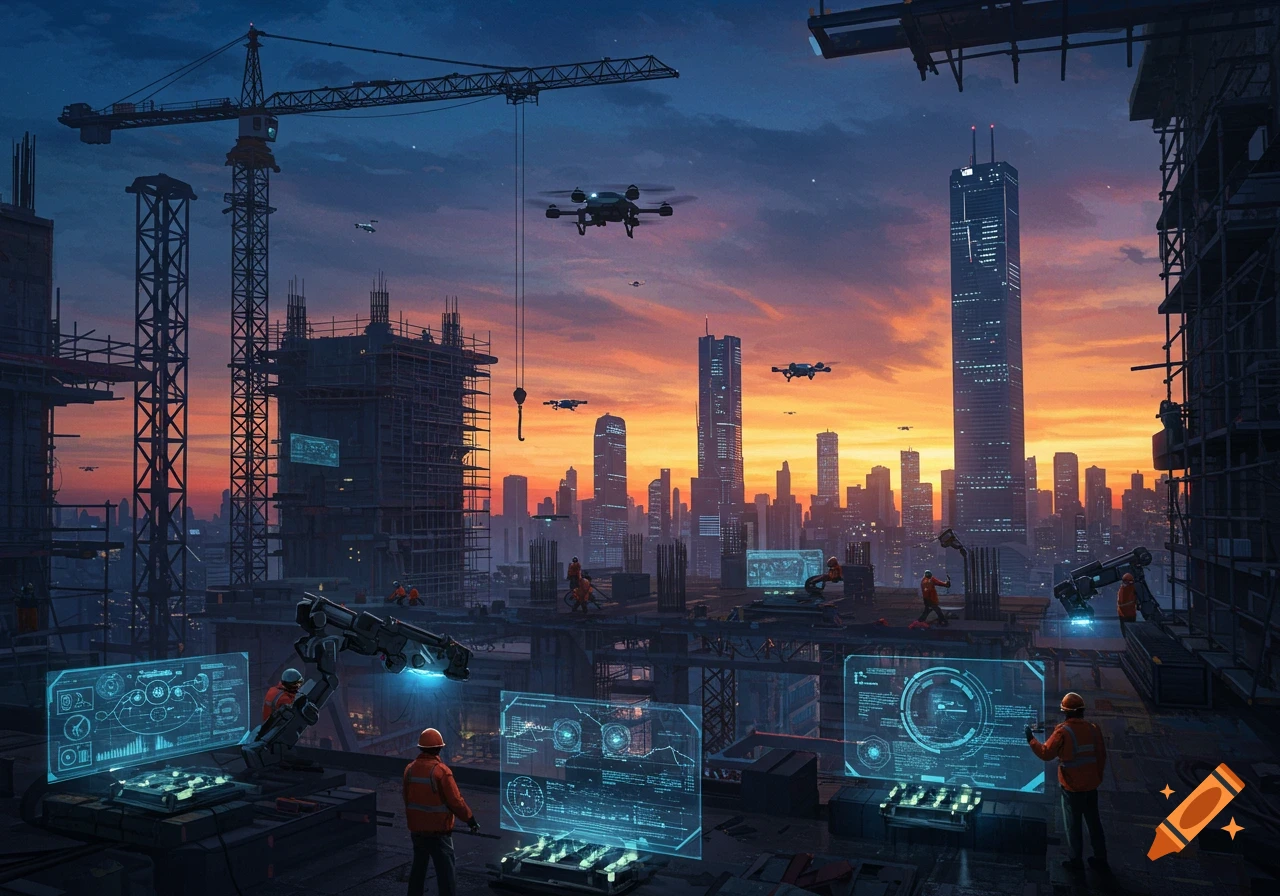 Futuristic city construction site at sunset, with cranes, drones, workers, and holographic displays showing data.