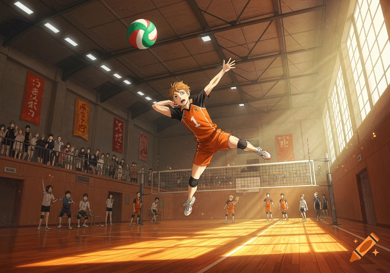 Anime-style male volleyball player in an orange jersey with number 1, jumping to spike a ball in a sunlit gymnasium.