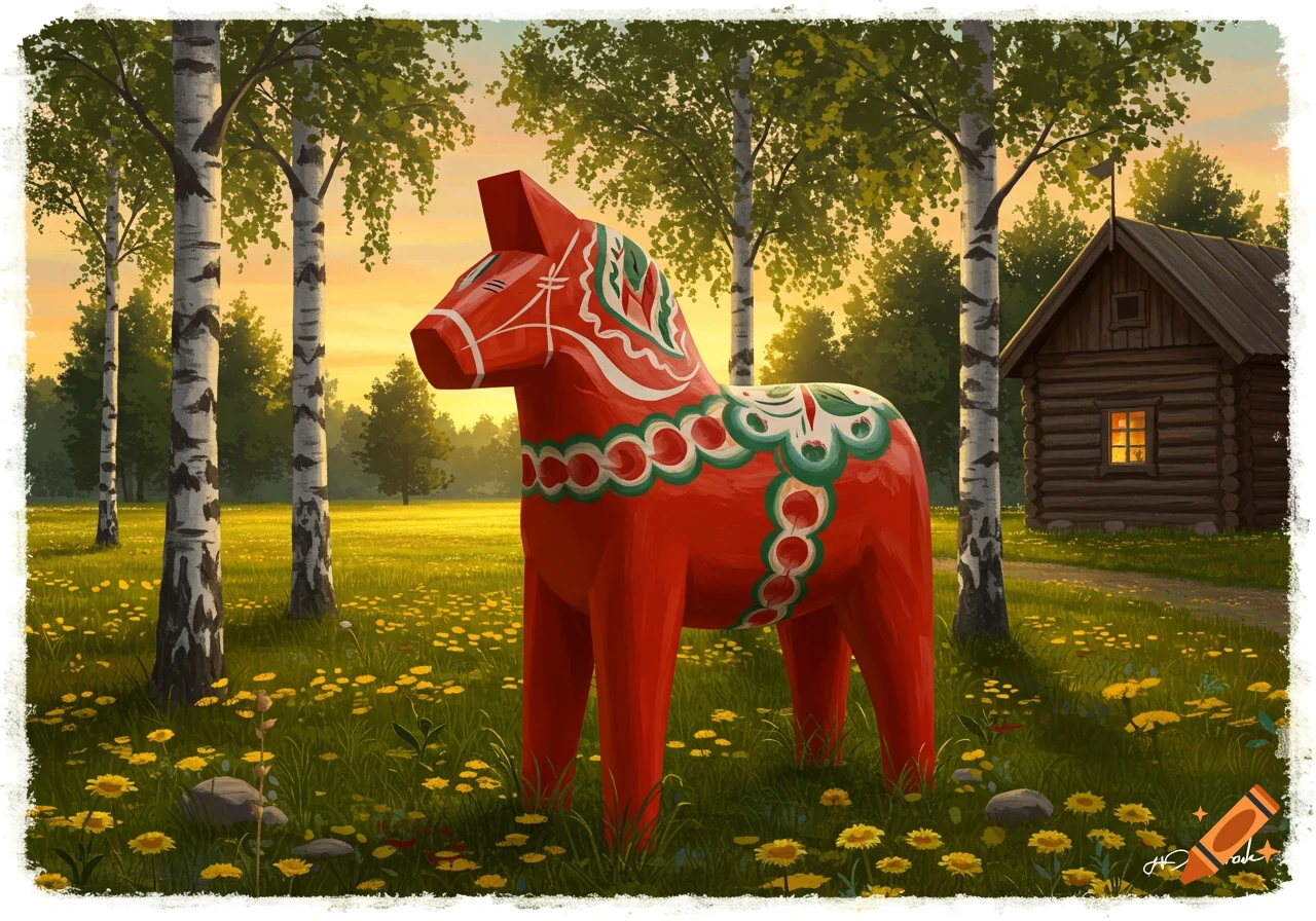 A red Dala horse stands in a sunny meadow with birch trees and a rustic wooden cabin at sunset, illustration style.