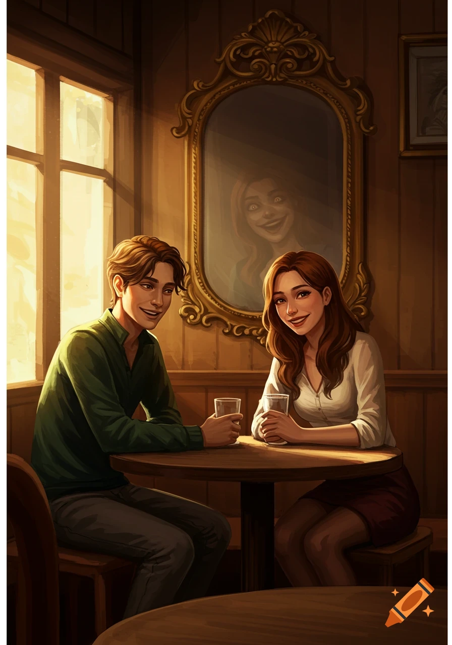 Digital illustration of a couple talking in a cafe, with the woman's sinister reflection visible in a mirror.