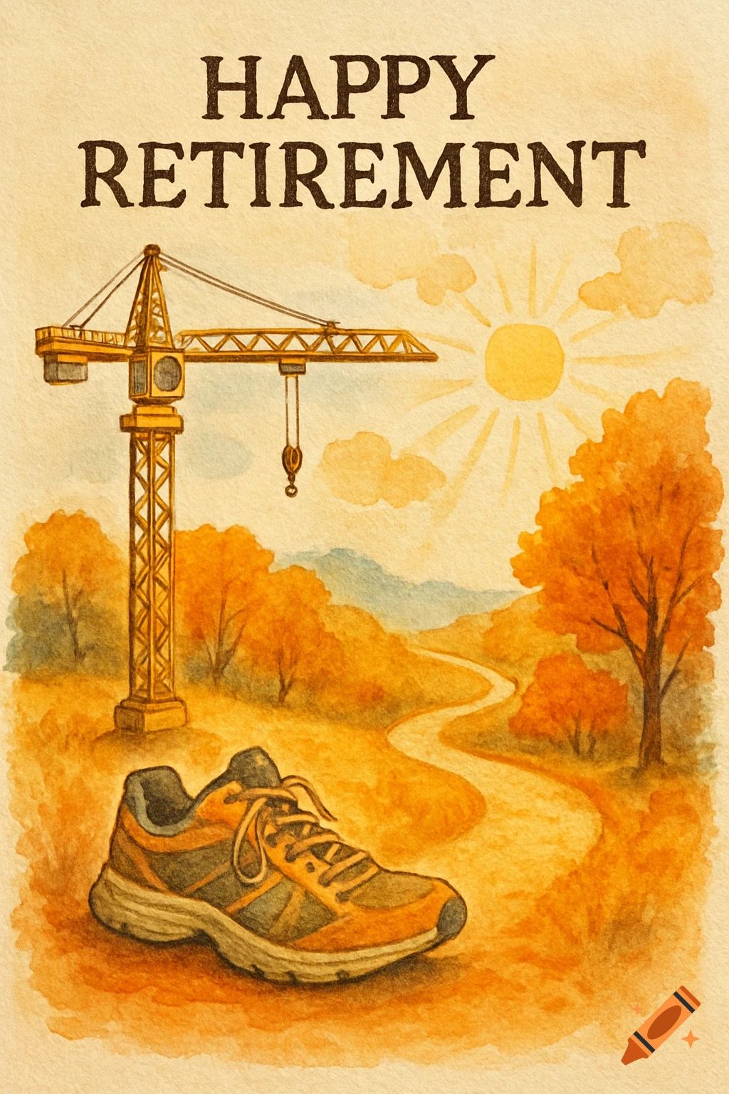 Watercolor illustration for a retirement card with 'HAPPY RETIREMENT' text, showing a crane, running shoe, path, and autumn trees.