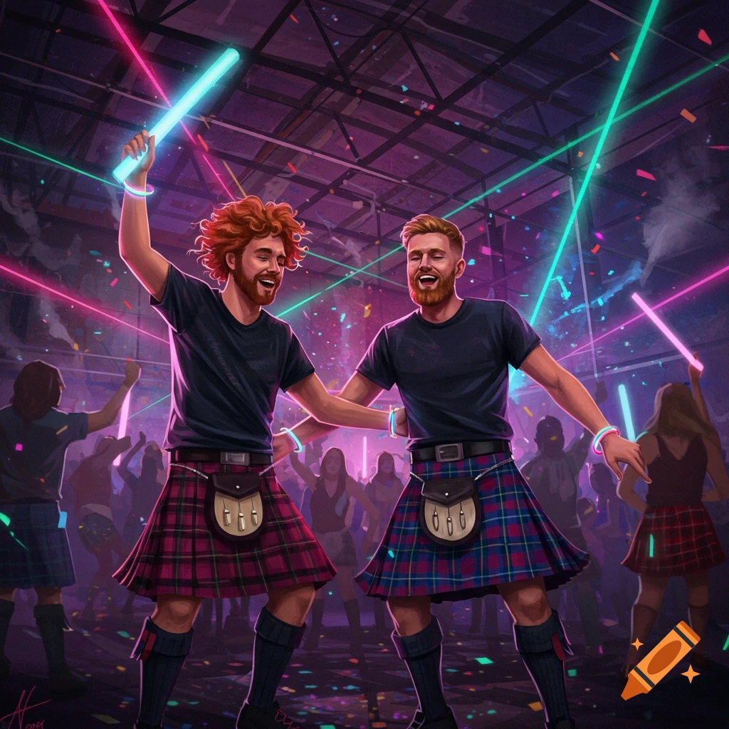 Vibrant illustration of two smiling men in Scottish kilts dancing with glow sticks at a neon rave.
